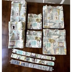 Vtg 1950's Barkcloth Fabric Butterfly Cameo PURPLE 6 Pieces & 3 Ties Faded *READ